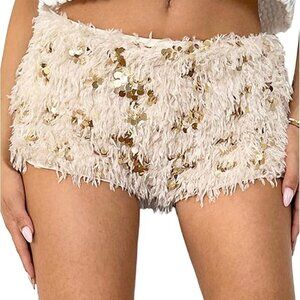 🤍✨ Cream Faux Fur Sequin Party Shorts | Size Medium | NWT ✨🤍